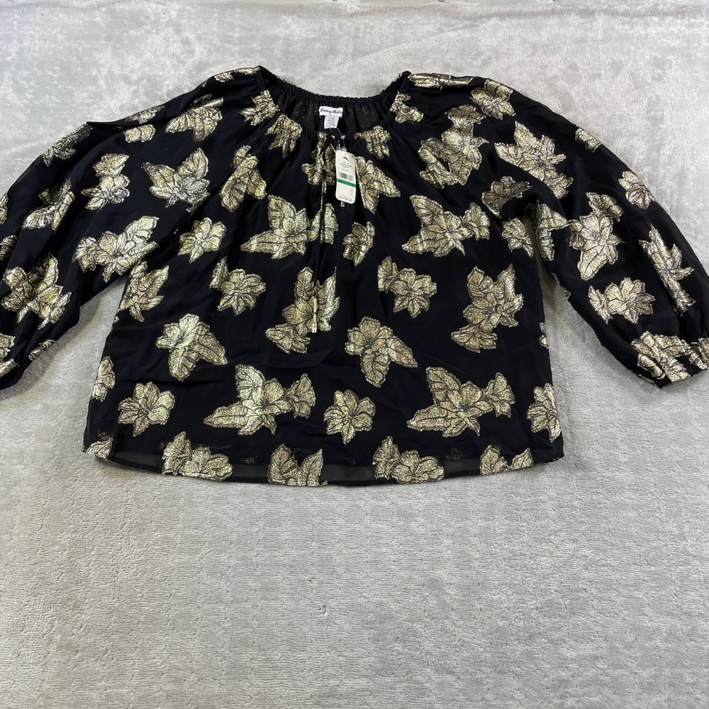 Tommy Bahama Shimmering Shores‎ Peasant Top Womens Large Black Gold Metallic